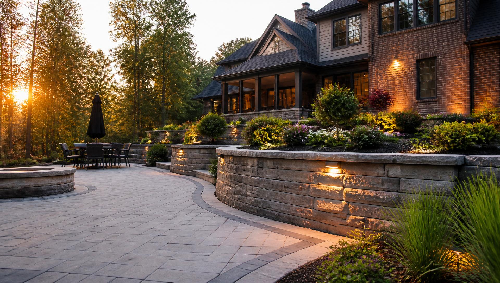 Paver patio and stone retaining wall built by Heritage Landscape in Gainesville, Georgia